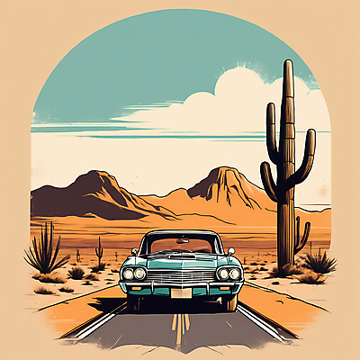 JPG 도로 교통수단 일러스트 자동차 산 선인장 사람없음 사막 빈티지 디지털합성 빈티지배경 서부 국내일러스트 AI일러스트 AI콘텐츠 식물 길 육상교통 백그라운드 교통 컨셉 교통시설 파일형식