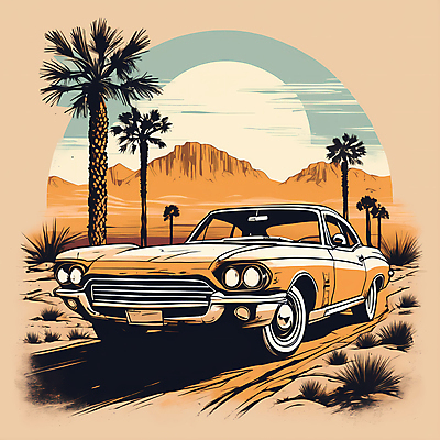JPG 도로 교통수단 일러스트 자동차 산 사람없음 야자수 태양 사막 빈티지 디지털합성 빈티지배경 서부 국내일러스트 AI일러스트 AI콘텐츠 자연요소 나무 길 육상교통 백그라운드 교통 컨셉 교통시설 파일형식