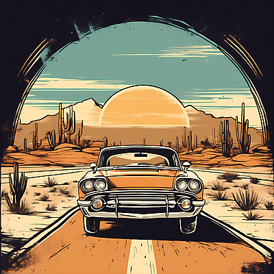 JPG 도로 교통수단 일러스트 자동차 산 선인장 사람없음 태양 사막 빈티지 디지털합성 빈티지배경 서부 국내일러스트 AI일러스트 AI콘텐츠 자연요소 식물 길 육상교통 백그라운드 교통 컨셉 교통시설 파일형식