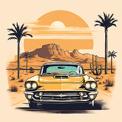 JPG 도로 교통수단 일러스트 자동차 산 사람없음 야자수 태양 사막 빈티지 디지털합성 빈티지배경 서부 국내일러스트 AI일러스트 AI콘텐츠 자연요소 나무 길 육상교통 백그라운드 교통 컨셉 교통시설 파일형식
