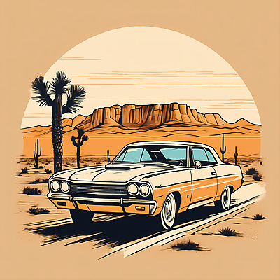 JPG 도로 교통수단 일러스트 자동차 산 선인장 사람없음 야자수 태양 사막 빈티지 디지털합성 빈티지배경 서부 국내일러스트 AI일러스트 AI콘텐츠 자연요소 나무 식물 길 육상교통 백그라운드 교통 컨셉 교통시설 파일형식