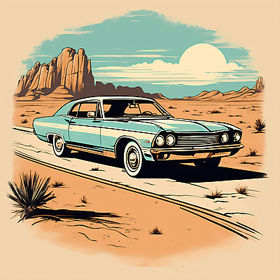 JPG 도로 교통수단 일러스트 자동차 산 사람없음 태양 사막 빈티지 디지털합성 빈티지배경 서부 국내일러스트 AI일러스트 AI콘텐츠 자연요소 길 육상교통 백그라운드 교통 컨셉 교통시설 파일형식