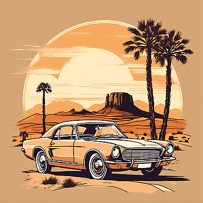 JPG 도로 교통수단 일러스트 자동차 산 사람없음 야자수 태양 사막 빈티지 디지털합성 빈티지배경 서부 국내일러스트 AI일러스트 AI콘텐츠 자연요소 나무 길 육상교통 백그라운드 교통 컨셉 교통시설 파일형식