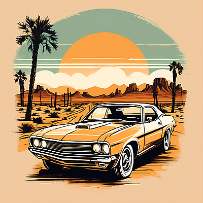 JPG 도로 교통수단 일러스트 자동차 산 사람없음 야자수 태양 사막 빈티지 디지털합성 빈티지배경 서부 국내일러스트 AI일러스트 AI콘텐츠 자연요소 나무 길 육상교통 백그라운드 교통 컨셉 교통시설 파일형식