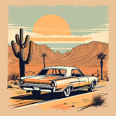 JPG 도로 교통수단 일러스트 자동차 산 선인장 사람없음 야자수 태양 사막 빈티지 디지털합성 빈티지배경 서부 국내일러스트 AI일러스트 AI콘텐츠 자연요소 나무 식물 길 육상교통 백그라운드 교통 컨셉 교통시설 파일형식