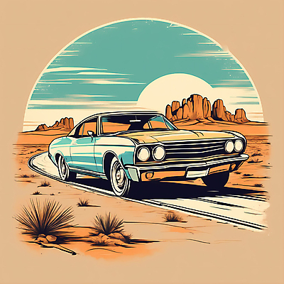 JPG 도로 교통수단 일러스트 자동차 산 사람없음 태양 사막 빈티지 디지털합성 빈티지배경 서부 국내일러스트 AI일러스트 AI콘텐츠 자연요소 길 육상교통 백그라운드 교통 컨셉 교통시설 파일형식