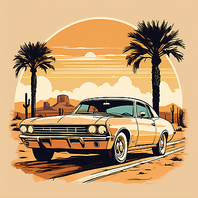 JPG 도로 교통수단 일러스트 자동차 산 사람없음 야자수 태양 사막 빈티지 디지털합성 빈티지배경 서부 국내일러스트 AI일러스트 AI콘텐츠 자연요소 나무 길 육상교통 백그라운드 교통 컨셉 교통시설 파일형식