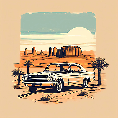 JPG 도로 교통수단 일러스트 자동차 산 사람없음 야자수 태양 사막 빈티지 디지털합성 빈티지배경 서부 국내일러스트 AI일러스트 AI콘텐츠 자연요소 나무 길 육상교통 백그라운드 교통 컨셉 교통시설 파일형식