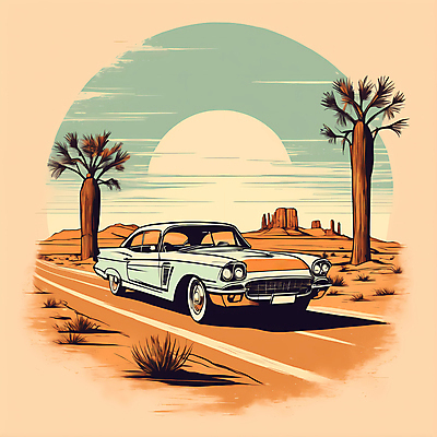 JPG 도로 교통수단 일러스트 자동차 산 사람없음 야자수 태양 사막 빈티지 디지털합성 빈티지배경 서부 국내일러스트 AI일러스트 AI콘텐츠 자연요소 나무 길 육상교통 백그라운드 교통 컨셉 교통시설 파일형식