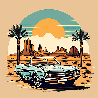 JPG 도로 교통수단 일러스트 자동차 산 사람없음 야자수 태양 사막 빈티지 디지털합성 빈티지배경 서부 국내일러스트 AI일러스트 AI콘텐츠 자연요소 나무 길 육상교통 백그라운드 교통 컨셉 교통시설 파일형식