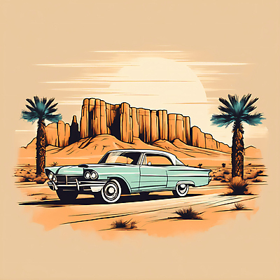 JPG 도로 교통수단 일러스트 자동차 산 사람없음 야자수 태양 사막 빈티지 디지털합성 빈티지배경 서부 국내일러스트 AI일러스트 AI콘텐츠 자연요소 나무 길 육상교통 백그라운드 교통 컨셉 교통시설 파일형식