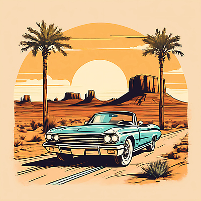 JPG 도로 교통수단 일러스트 자동차 산 사람없음 야자수 태양 사막 빈티지 디지털합성 빈티지배경 서부 국내일러스트 AI일러스트 AI콘텐츠 자연요소 나무 길 육상교통 백그라운드 교통 컨셉 교통시설 파일형식