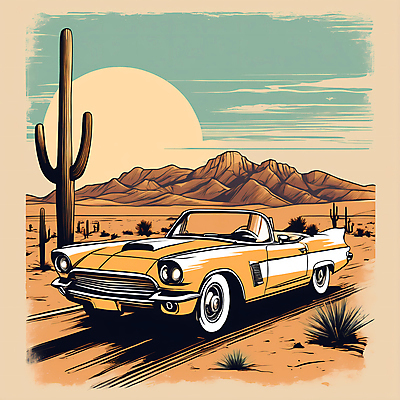 JPG 도로 교통수단 일러스트 자동차 산 선인장 사람없음 태양 사막 빈티지 디지털합성 빈티지배경 서부 국내일러스트 AI일러스트 AI콘텐츠 자연요소 식물 길 육상교통 백그라운드 교통 컨셉 교통시설 파일형식