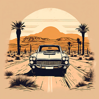 JPG 도로 교통수단 일러스트 자동차 산 사람없음 야자수 태양 사막 빈티지 디지털합성 빈티지배경 서부 국내일러스트 AI일러스트 AI콘텐츠 자연요소 나무 길 육상교통 백그라운드 교통 컨셉 교통시설 파일형식