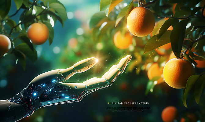 PSD 편집이미지 손 잎 오렌지 과일 미래 사람없음 희망 기계 터치 변화 기술혁신 로봇팔 스마트팜 AI_인공지능 이미지편집 식물 감정 컨셉 신체부위 농장 로봇 혁명 파일형식