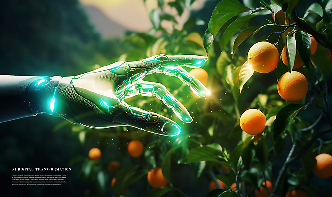 PSD 편집이미지 손 잎 오렌지 미래 사람없음 초록색 빛 희망 기계 터치 변화 기술혁신 로봇팔 스마트팜 AI_인공지능 이미지편집 식물 감정 컬러 컨셉 과일 신체부위 농장 로봇 혁명 파일형식