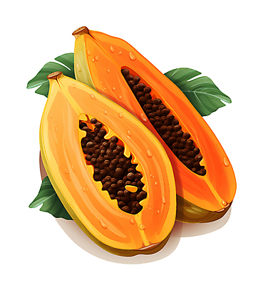 PSD 잎 과일 일러스트 단면 사람없음 노란색 물방울 신선 달콤 열대과일 파파야 국내일러스트 식물 컬러 맛 파일형식