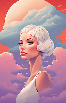 JPG 구름 응시 여자 얼굴 일러스트 한명 상반신 성인 뷰티 일출 보라색 황혼 일몰 백발 우아함 잡지 신비 디지털합성 성인여자한명만 국내일러스트 AI일러스트 AI콘텐츠 자연요소 1 헤어스타일 시선 컬러 컨셉 사람 신체부위 간행물 노을 여자한명만 성인여자만 파일형식