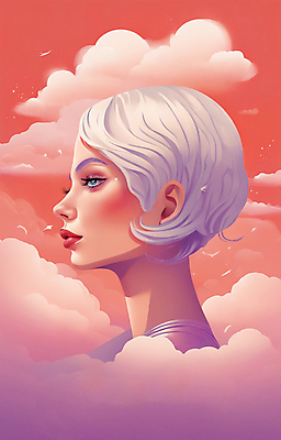 JPG 구름 여자 얼굴 일러스트 한명 상반신 성인 뷰티 일출 보라색 황혼 일몰 백발 우아함 잡지 신비 디지털합성 성인여자한명만 국내일러스트 AI일러스트 AI콘텐츠 자연요소 1 헤어스타일 컬러 컨셉 사람 신체부위 간행물 노을 여자한명만 성인여자만 파일형식