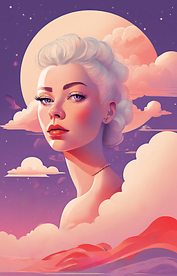 JPG 구름 응시 여자 얼굴 일러스트 한명 상반신 성인 뷰티 일출 보라색 귀걸이 황혼 일몰 백발 우아함 잡지 신비 디지털합성 성인여자한명만 국내일러스트 AI일러스트 AI콘텐츠 자연요소 1 헤어스타일 시선 컬러 컨셉 장신구 사람 신체부위 간행물 노을 여자한명만 성인여자만 파일형식