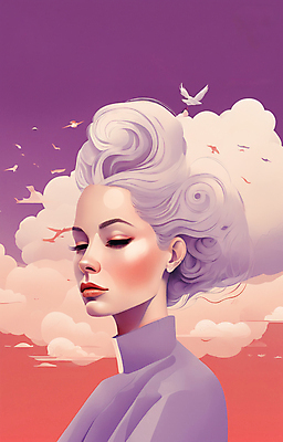 JPG 구름 여자 얼굴 일러스트 조류 한명 상반신 성인 뷰티 일출 눈감음 보라색 황혼 일몰 백발 우아함 잡지 신비 디지털합성 성인여자한명만 국내일러스트 AI일러스트 AI콘텐츠 자연요소 동물 1 헤어스타일 컬러 컨셉 모션 사람 신체부위 간행물 노을 여자한명만 성인여자만 파일형식