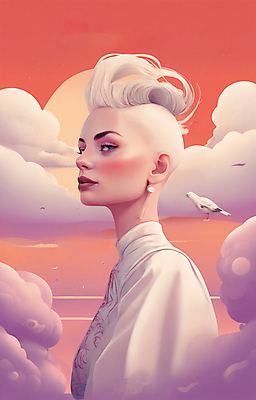 JPG 구름 응시 여자 얼굴 일러스트 조류 한명 상반신 성인 뷰티 일출 보라색 황혼 일몰 백발 우아함 잡지 신비 디지털합성 성인여자한명만 국내일러스트 AI일러스트 AI콘텐츠 자연요소 동물 1 헤어스타일 시선 컬러 컨셉 사람 신체부위 간행물 노을 여자한명만 성인여자만 파일형식