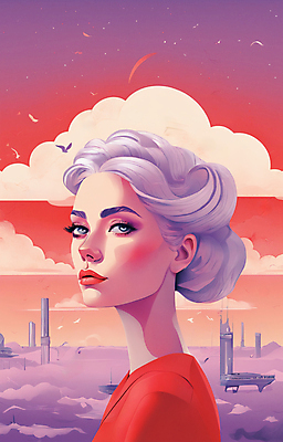 JPG 구름 응시 여자 얼굴 일러스트 한명 상반신 성인 건물 빨간색 뷰티 일출 보라색 황혼 일몰 백발 도시 우아함 잡지 신비 디지털합성 성인여자한명만 국내일러스트 AI일러스트 AI콘텐츠 자연요소 1 헤어스타일 건축물 시선 컬러 컨셉 사람 신체부위 간행물 노을 여자한명만 성인여자만 파일형식