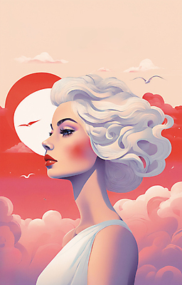 JPG 구름 응시 여자 얼굴 일러스트 한명 상반신 성인 빨간색 뷰티 일출 보라색 황혼 일몰 백발 우아함 잡지 신비 디지털합성 성인여자한명만 국내일러스트 AI일러스트 AI콘텐츠 자연요소 1 헤어스타일 시선 컬러 컨셉 사람 신체부위 간행물 노을 여자한명만 성인여자만 파일형식