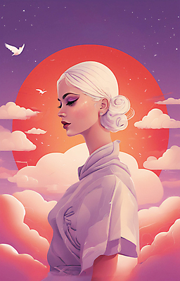 JPG 구름 여자 얼굴 일러스트 한명 상반신 성인 빨간색 뷰티 일출 보라색 황혼 일몰 백발 우아함 잡지 신비 디지털합성 성인여자한명만 국내일러스트 AI일러스트 AI콘텐츠 자연요소 1 헤어스타일 컬러 컨셉 사람 신체부위 간행물 노을 여자한명만 성인여자만 파일형식