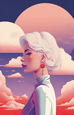 JPG 구름 여자 얼굴 일러스트 한명 상반신 성인 뷰티 일출 보라색 귀걸이 황혼 일몰 백발 우아함 잡지 신비 디지털합성 성인여자한명만 국내일러스트 AI일러스트 AI콘텐츠 자연요소 1 헤어스타일 컬러 컨셉 장신구 사람 신체부위 간행물 노을 여자한명만 성인여자만 파일형식