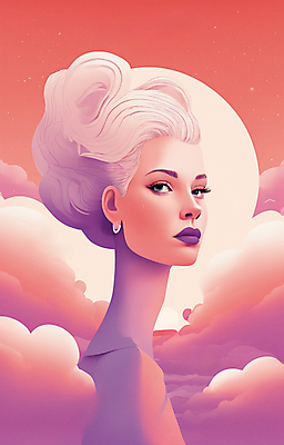 JPG 구름 여자 얼굴 일러스트 한명 상반신 성인 뷰티 일출 보라색 귀걸이 황혼 일몰 백발 우아함 잡지 신비 디지털합성 성인여자한명만 국내일러스트 AI일러스트 AI콘텐츠 자연요소 1 헤어스타일 컬러 컨셉 장신구 사람 신체부위 간행물 노을 여자한명만 성인여자만 파일형식