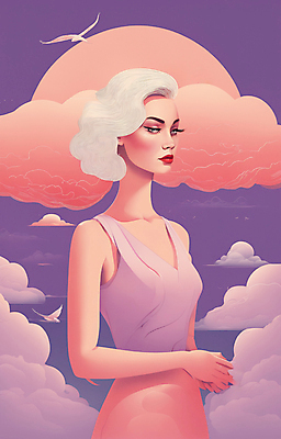 JPG 구름 여자 얼굴 분홍색 일러스트 한명 상반신 성인 뷰티 일출 보라색 황혼 일몰 백발 우아함 잡지 신비 디지털합성 성인여자한명만 국내일러스트 AI일러스트 AI콘텐츠 자연요소 1 헤어스타일 컬러 컨셉 사람 신체부위 간행물 노을 여자한명만 성인여자만 파일형식