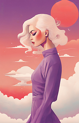 JPG 구름 여자 얼굴 일러스트 한명 상반신 성인 뷰티 일출 눈감음 보라색 황혼 일몰 백발 우아함 잡지 신비 디지털합성 성인여자한명만 국내일러스트 AI일러스트 AI콘텐츠 자연요소 1 헤어스타일 컬러 컨셉 모션 사람 신체부위 간행물 노을 여자한명만 성인여자만 파일형식