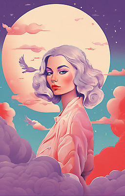 JPG 구름 응시 여자 얼굴 일러스트 한명 상반신 성인 뷰티 일출 보라색 황혼 일몰 백발 보름달 우아함 잡지 신비 디지털합성 성인여자한명만 국내일러스트 AI일러스트 AI콘텐츠 자연요소 1 헤어스타일 시선 컬러 컨셉 사람 신체부위 간행물 노을 달 여자한명만 성인여자만 파일형식