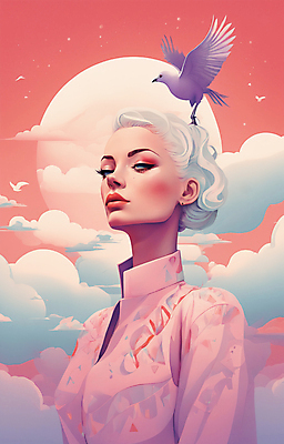 JPG 구름 여자 얼굴 일러스트 조류 한명 상반신 성인 뷰티 일출 보라색 귀걸이 황혼 일몰 백발 우아함 잡지 신비 디지털합성 성인여자한명만 국내일러스트 AI일러스트 AI콘텐츠 자연요소 동물 1 헤어스타일 컬러 컨셉 장신구 사람 신체부위 간행물 노을 여자한명만 성인여자만 파일형식