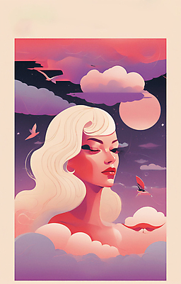 JPG 구름 여자 얼굴 일러스트 조류 한명 상반신 성인 뷰티 일출 눈감음 보라색 황혼 일몰 백발 우아함 잡지 신비 디지털합성 성인여자한명만 국내일러스트 AI일러스트 AI콘텐츠 자연요소 동물 1 헤어스타일 컬러 컨셉 모션 사람 신체부위 간행물 노을 여자한명만 성인여자만 파일형식