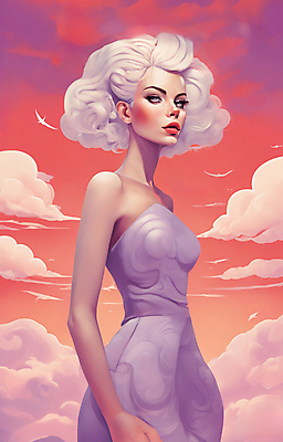 JPG 구름 여자 얼굴 일러스트 한명 상반신 성인 뷰티 일출 보라색 황혼 일몰 백발 우아함 잡지 신비 디지털합성 성인여자한명만 국내일러스트 AI일러스트 AI콘텐츠 자연요소 1 헤어스타일 컬러 컨셉 사람 신체부위 간행물 노을 여자한명만 성인여자만 파일형식