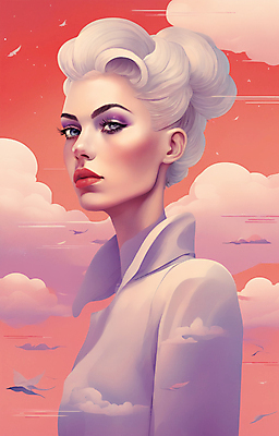 JPG 구름 여자 얼굴 일러스트 한명 상반신 성인 뷰티 일출 보라색 황혼 일몰 백발 우아함 잡지 신비 디지털합성 성인여자한명만 코랄 국내일러스트 AI일러스트 AI콘텐츠 자연요소 1 헤어스타일 컬러 컨셉 사람 신체부위 간행물 노을 여자한명만 성인여자만 파일형식