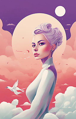 JPG 구름 여자 얼굴 일러스트 한명 상반신 성인 뷰티 일출 보라색 귀걸이 황혼 일몰 백발 우아함 잡지 신비 디지털합성 성인여자한명만 국내일러스트 AI일러스트 AI콘텐츠 자연요소 1 헤어스타일 컬러 컨셉 장신구 사람 신체부위 간행물 노을 여자한명만 성인여자만 파일형식