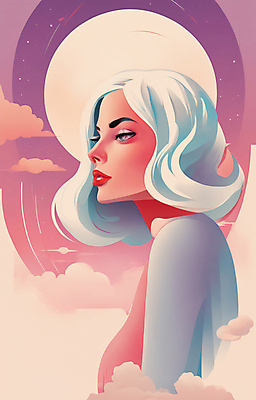 JPG 구름 여자 얼굴 일러스트 한명 상반신 성인 뷰티 일출 보라색 황혼 일몰 백발 우아함 잡지 신비 디지털합성 성인여자한명만 국내일러스트 AI일러스트 AI콘텐츠 자연요소 1 헤어스타일 컬러 컨셉 사람 신체부위 간행물 노을 여자한명만 성인여자만 파일형식