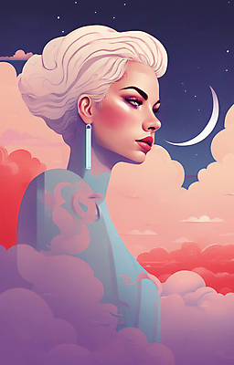 JPG 구름 여자 얼굴 일러스트 한명 상반신 성인 뷰티 일출 보라색 귀걸이 황혼 일몰 백발 우아함 잡지 초승달 신비 디지털합성 성인여자한명만 국내일러스트 AI일러스트 AI콘텐츠 자연요소 1 헤어스타일 컬러 컨셉 장신구 사람 신체부위 간행물 노을 달 여자한명만 성인여자만 파일형식