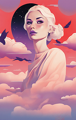 JPG 구름 여자 얼굴 일러스트 한명 상반신 성인 뷰티 일출 보라색 황혼 일몰 백발 우아함 잡지 신비 디지털합성 성인여자한명만 국내일러스트 AI일러스트 AI콘텐츠 자연요소 1 헤어스타일 컬러 컨셉 사람 신체부위 간행물 노을 여자한명만 성인여자만 파일형식