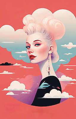 JPG 구름 여자 얼굴 일러스트 한명 상반신 성인 뷰티 일출 귀걸이 황혼 일몰 백발 우아함 잡지 신비 디지털합성 성인여자한명만 코랄 국내일러스트 AI일러스트 AI콘텐츠 자연요소 1 헤어스타일 컬러 컨셉 장신구 사람 신체부위 간행물 노을 여자한명만 성인여자만 파일형식