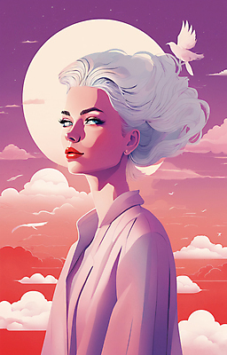 JPG 구름 여자 얼굴 일러스트 한명 상반신 성인 뷰티 일출 보라색 귀걸이 황혼 일몰 백발 우아함 잡지 신비 디지털합성 성인여자한명만 국내일러스트 AI일러스트 AI콘텐츠 자연요소 1 헤어스타일 컬러 컨셉 장신구 사람 신체부위 간행물 노을 여자한명만 성인여자만 파일형식