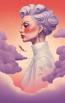 JPG 구름 여자 얼굴 일러스트 한명 상반신 성인 뷰티 일출 보라색 귀걸이 황혼 일몰 백발 우아함 잡지 신비 디지털합성 성인여자한명만 국내일러스트 AI일러스트 AI콘텐츠 자연요소 1 헤어스타일 컬러 컨셉 장신구 사람 신체부위 간행물 노을 여자한명만 성인여자만 파일형식