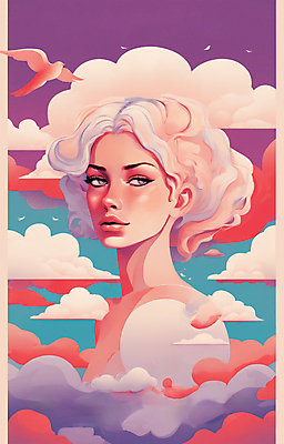 JPG 구름 여자 얼굴 일러스트 한명 상반신 성인 뷰티 일출 보라색 황혼 일몰 백발 우아함 잡지 신비 디지털합성 성인여자한명만 국내일러스트 AI일러스트 AI콘텐츠 자연요소 1 헤어스타일 컬러 컨셉 사람 신체부위 간행물 노을 여자한명만 성인여자만 파일형식