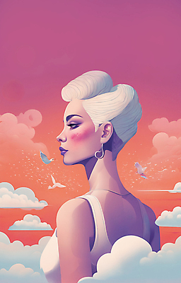 JPG 구름 여자 얼굴 일러스트 조류 한명 상반신 성인 뷰티 일출 보라색 귀걸이 황혼 일몰 백발 우아함 잡지 신비 디지털합성 성인여자한명만 국내일러스트 AI일러스트 AI콘텐츠 자연요소 동물 1 헤어스타일 컬러 컨셉 장신구 사람 신체부위 간행물 노을 여자한명만 성인여자만 파일형식