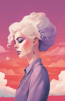 JPG 구름 여자 얼굴 일러스트 한명 상반신 성인 뷰티 일출 보라색 귀걸이 황혼 일몰 백발 우아함 잡지 신비 디지털합성 성인여자한명만 국내일러스트 AI일러스트 AI콘텐츠 자연요소 1 헤어스타일 컬러 컨셉 장신구 사람 신체부위 간행물 노을 여자한명만 성인여자만 파일형식