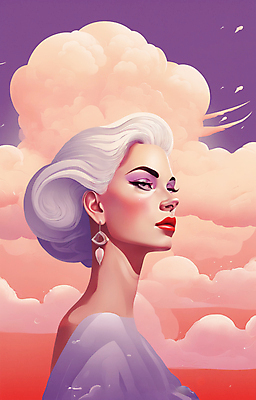 JPG 구름 여자 얼굴 일러스트 한명 상반신 성인 뷰티 일출 보라색 귀걸이 황혼 일몰 백발 우아함 잡지 신비 디지털합성 성인여자한명만 국내일러스트 AI일러스트 AI콘텐츠 자연요소 1 헤어스타일 컬러 컨셉 장신구 사람 신체부위 간행물 노을 여자한명만 성인여자만 파일형식