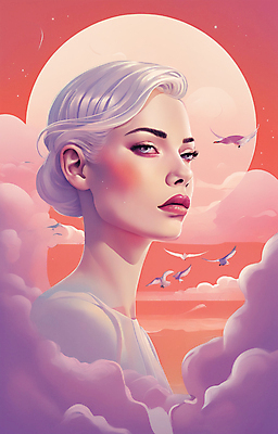 JPG 구름 여자 얼굴 일러스트 한명 상반신 성인 뷰티 일출 보라색 황혼 일몰 백발 우아함 잡지 신비 디지털합성 성인여자한명만 국내일러스트 AI일러스트 AI콘텐츠 자연요소 1 헤어스타일 컬러 컨셉 사람 신체부위 간행물 노을 여자한명만 성인여자만 파일형식